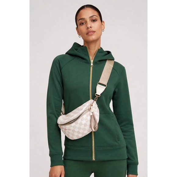 Beige Checkered Crossbody Bag Nylon Gold Hardware Adjustable Wide Strap Bum... - Picture 3 of 13